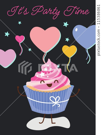 It's party time text in pink with smiling cupcake and colorful heart balloons on black background 115386861