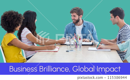 Composite of business brilliance global impact text over diverse businesspeople in office Composite of business brilliance global impact text over diverse businesspeople in office 115386944