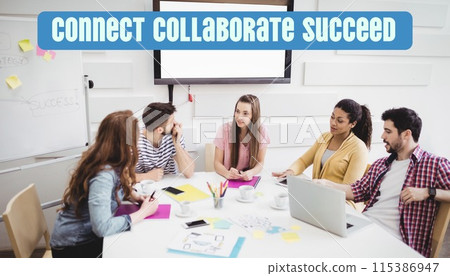 Composite of connect collaborate succeed text over diverse businesspeople in office 115386947