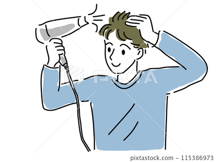 Simple line drawing of a man using a hair dryer 115386973
