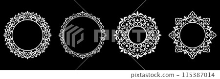 Set of decorative frames Elegant vector element for design in Eastern style, place for text. Floral black and white borders. Lace illustration for invitations and greeting cards. 115387014