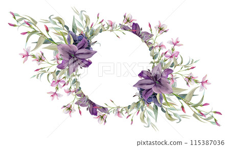 Hand drawn watercolor illustration botanical flowers leaves. Lily clivia amaryllis, pink lobelia jasmine, willow eucalyptus branch. Wreath frame isolated white background. Design wedding, love cards Hand drawn watercolor illustration botanical flowers leaves. Lily clivia amaryllis, pink lobelia jasmine, willow eucalyptus branch. Wreath frame isolated white background. Design wedding, love cards 115387036