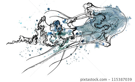 Watercolor and ink hand drawn marine life, sea ocean underwater creatures. fish, shells algae seaweed. Single object illustration, stylized, isolated on white. Zoo shop, aquarium, cosmetics, resort Watercolor and ink hand drawn marine life, sea ocean underwater creatures. fish, shells algae seaweed. Single object illustration, stylized, isolated on white. Zoo shop, aquarium, cosmetics, resort 115387039