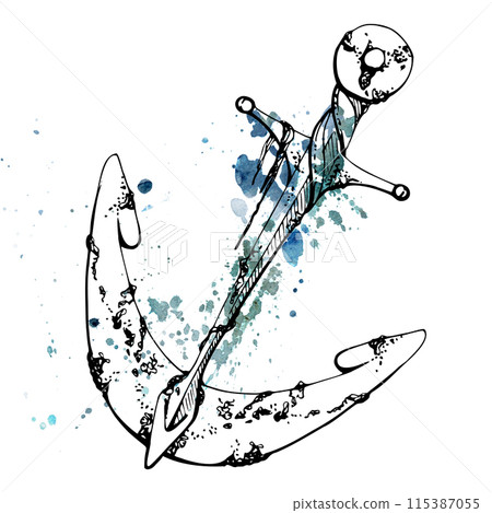 Watercolor and ink hand drawn marine life, sea ocean underwater creatures. fish, shells algae seaweed. Single object illustration, stylized, isolated on white. Zoo shop, aquarium, cosmetics, resort Watercolor and ink hand drawn marine life, sea ocean underwater creatures. fish, shells algae seaweed. Single object illustration, stylized, isolated on white. Zoo shop, aquarium, cosmetics, resort 115387055
