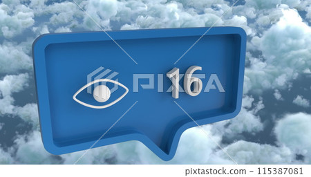 Image of eye icon with numbers on speech bubble over sky and clouds 115387081