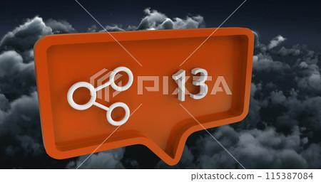 Image of share icon with numbers on speech bubble over sky and clouds 115387084