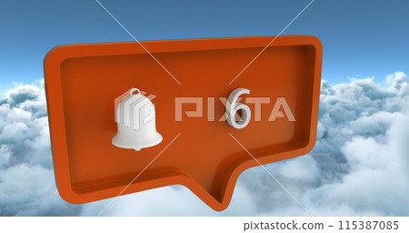 Image of alert icon with numbers on speech bubble over sky and clouds Image of alert icon with numbers on speech bubble over sky and clouds 115387085