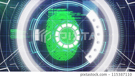 Image of scope scanning, data processing with green biometric fingerprint on black background 115387110