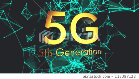 Digital image of 5g text against glowing network of connection on black background 115387128
