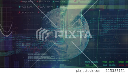 Image of data processing and globe over server room Image of data processing and globe over server room 115387151