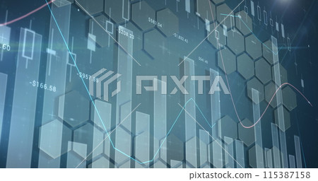 Image of financial data processing over network of hexagons 115387158