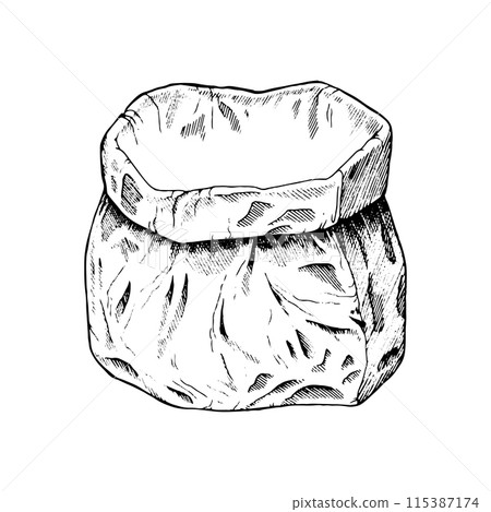 Paper Bag Vector hand drawn illustration. Empty open sack sketch drawing. Vintage black line art. Clipart for graphic design. Burlap in retro style on isolated white background 115387174