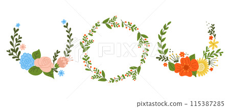 Flat hand drawn floral wreaths collection with copy spaces for greeting cards or banners. Holiday concept. Sketchy hand drawn abstract flowers and branches isolated on white background. Flat hand drawn floral wreaths collection with copy spaces for greeting cards or banners. Holiday concept. Sketchy hand drawn abstract flowers and branches isolated on white background. 115387285