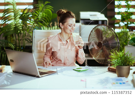 happy modern 40 years old woman worker in modern green office 115387352