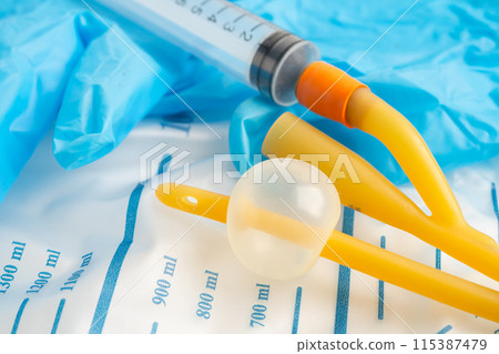 Foley urinary catheter with urine bag for disability or patient in hospital. 115387479