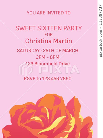 Invitation template featuring a vibrant floral illustration, evoking warmth and celebration Invitation template featuring a vibrant floral illustration, evoking warmth and celebration 115387737