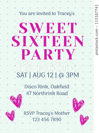 Celebrate a milestone, the vibrant pink text and doodled hearts create a youthful, joyous vibe 115387741