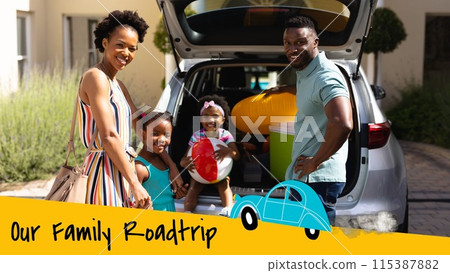 Family adventure begins, packed car, joyful smiles 115387882