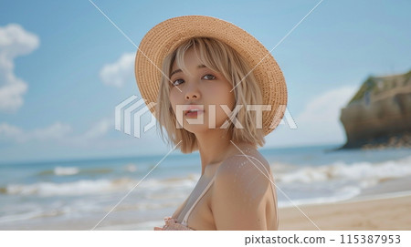 Blonde woman relaxing on the beach 115387953