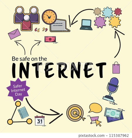 Promote online safety, vibrant icons depict connectivity 115387962