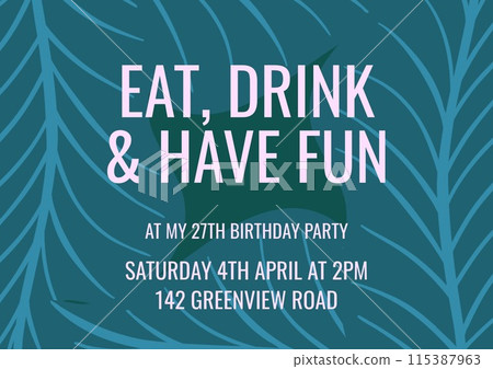 Celebration invitation, bold text on a tropical leaf background, evokes excitement and joy 115387963