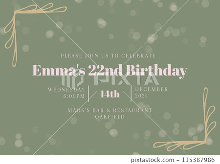 Celebration invitation, elegant green and gold design, conveys sophistication and festivity 115387986