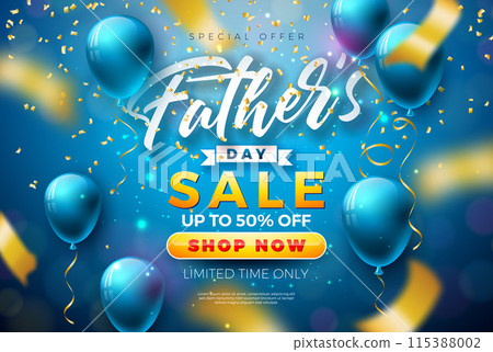 Father's Day Sale Promotional Business Illustration with Party Balloon and Falling Gold Confetti on Blue Background. Vector Special Holiday Offer Illustration for Best Dad. Template for Coupon Father's Day Sale Promotional Business Illustration with Party Balloon and Falling Gold Confetti on Blue Background. Vector Special Holiday Offer Illustration for Best Dad. Template for Coupon 115388002