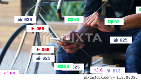 Image of social media icons and numbers on banners over man using smartphone 115388056