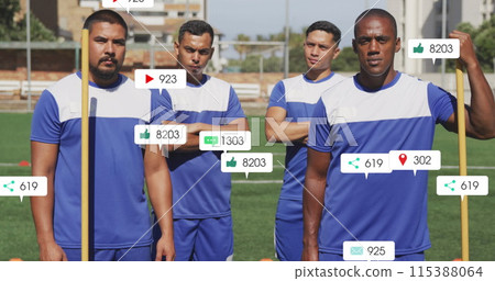 Image of social media icons and numbers on banners over male football players 115388064