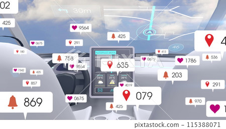Image of social media icons and numbers on banners over self driving car 115388071