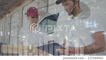 Image of statistics processing over delivery man with cardboard boxes 115388082