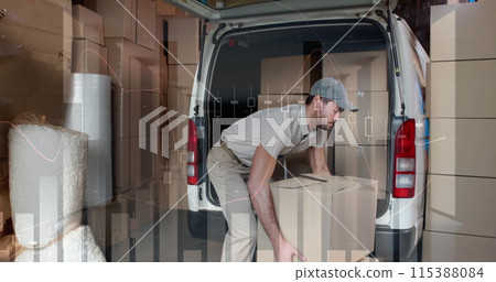 Image of financial data processing over delivery man loading up car outside of warehouse Image of financial data processing over delivery man loading up car outside of warehouse 115388084