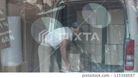 Image of financial data processing over delivery man loading up car outside of warehouse 115388087