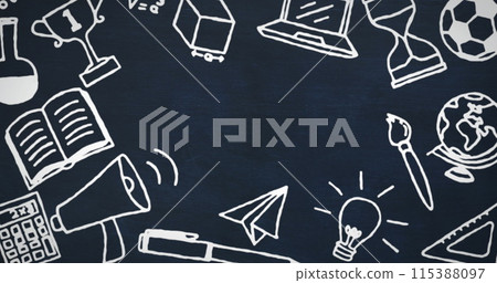 Digital image of multiple school concept icons against blue background Digital image of multiple school concept icons against blue background 115388097