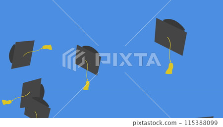 Digital image of multiple graduation hat icons falling against blue background 115388099