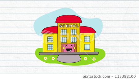 Digital image of school building icon against white lined paper 115388100
