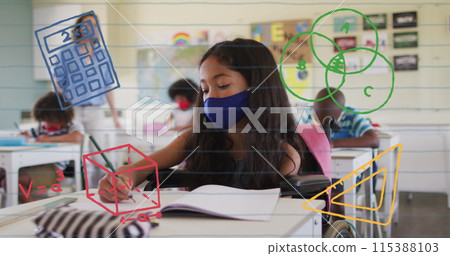 Image of school items icons moving over schoolgirl wearing face mask 115388103