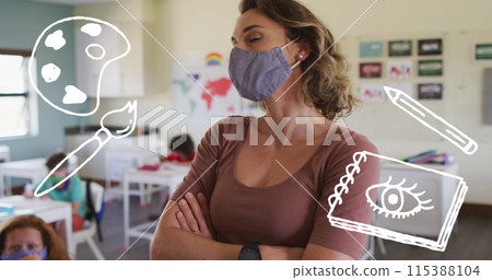 Image of school items icons moving over female teacher wearing face mask Image of school items icons moving over female teacher wearing face mask 115388104
