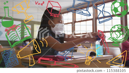 Image of school items icons moving over schoolgirl wearing face masks 115388105