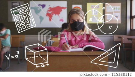 Image of school items icons moving over schoolchildren wearing face masks 115388112