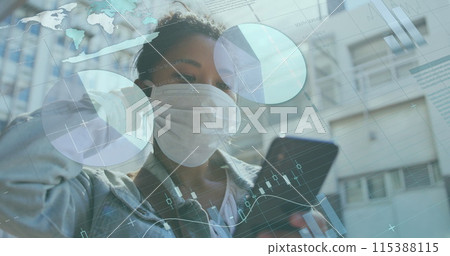 Image of financial data processing over businesswoman using smartphone 115388115