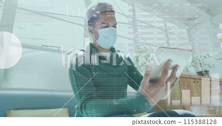 Image of statistics processing over businessman wearing face mask using tablet in office Image of statistics processing over businessman wearing face mask using tablet in office 115388128