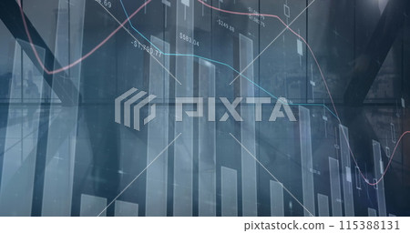 Image of financial data processing over diverse business people walking in modern office 115388131