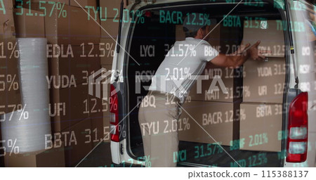 Image of data processing over man packing boxes into car Image of data processing over man packing boxes into car 115388137