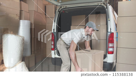 Image of data processing over man packing boxes into car Image of data processing over man packing boxes into car 115388138