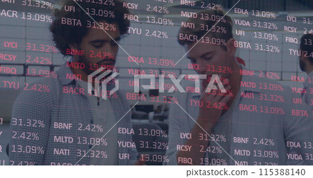 Image of financial data processing over diverse business people thinking in modern office Image of financial data processing over diverse business people thinking in modern office 115388140