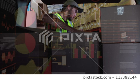 Image of data processing over man packing boxes into car 115388144