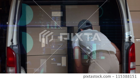 Image of data processing over man packing boxes into car Image of data processing over man packing boxes into car 115388151