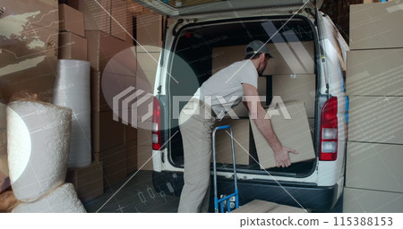 Image of data processing over man packing boxes into car 115388153