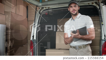 Image of data processing over man packing boxes into car 115388154